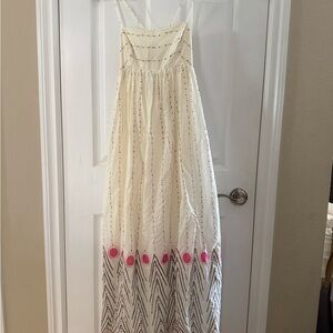 White Maxi Dress with Pink and Black Accents